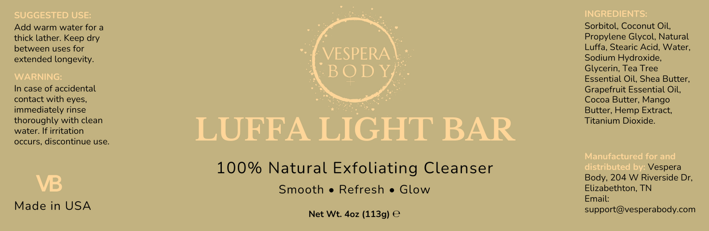 Close‑up of the Luffa Light Bar label with sharp readable details and bright cream lighting for a clean, premium skincare look.