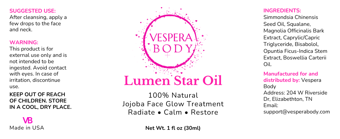 Close‑up of the Lumen Star Oil face oil label showing product name and premium natural ingredients like jojoba, squalane, and magnolia bark extract.