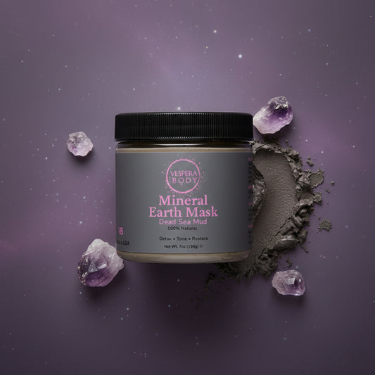 Mineral Earth Mask jar surrounded by natural minerals and earth elements highlighting its pure Dead Sea mud and detoxifying skincare benefits.