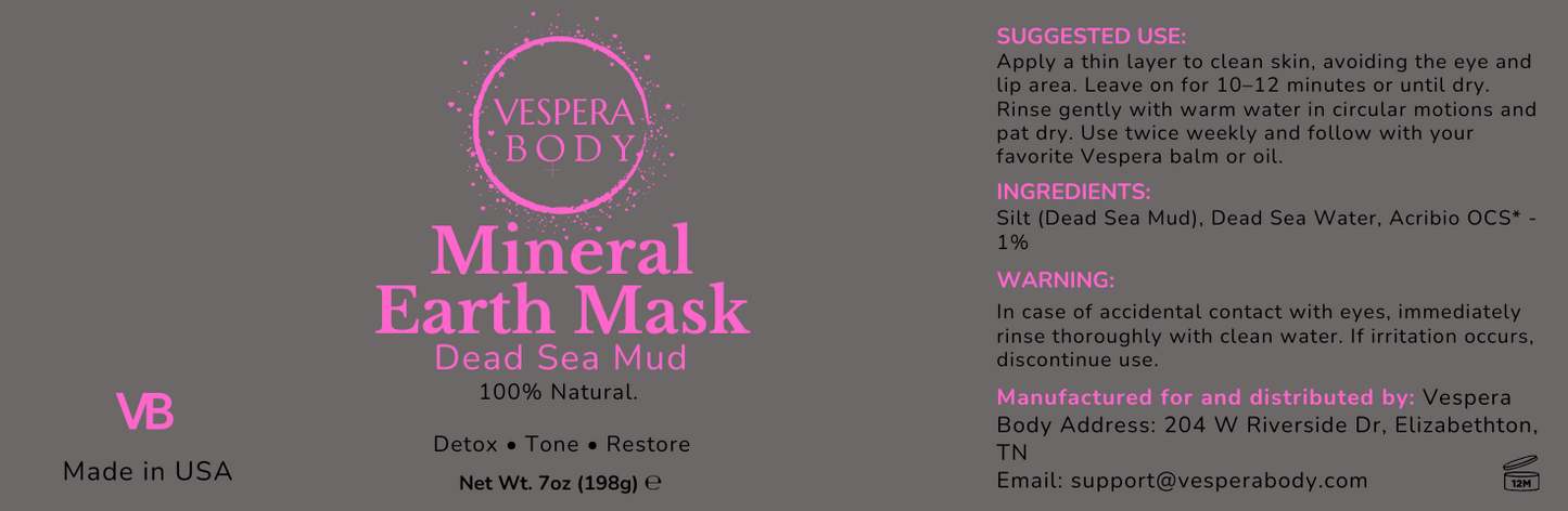 Close‑up of the Mineral Earth Mask jar label showing product name and Dead Sea mud formula for detoxifying, mineral‑rich skincare.