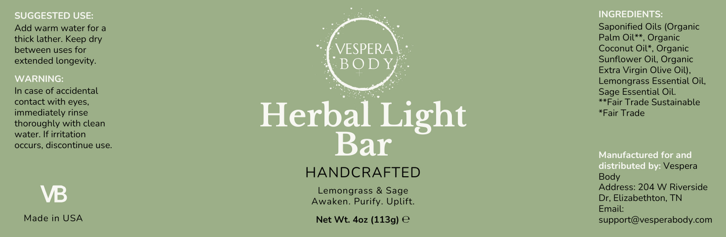 Vespera Body Herbal Light soap bar packaging featuring the Made in USA label. Eco-friendly, plastic-free cleansing bar for a sustainable skincare routine.