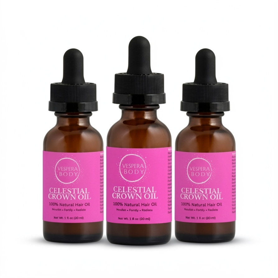 Three bottles of Vespera Body Celestial Crown Hair Regrowth Oil. A premium triple-pack system for thinning hair.