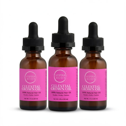 Three bottles of Vespera Body Celestial Crown Hair Regrowth Oil. A premium triple-pack system for thinning hair.