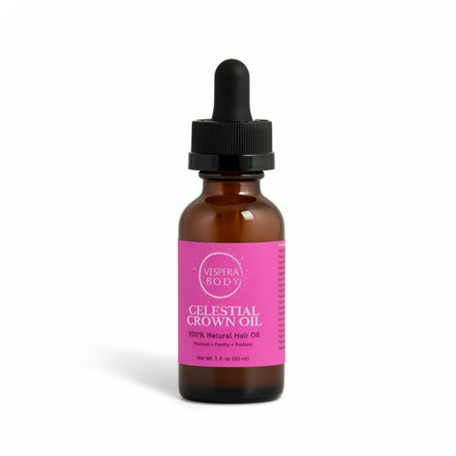 Vespera Body Celestial Crown Oil, a natural hair regrowth treatment for thinning hair and scalp health. Handcrafted and made in the USA.