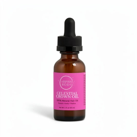 Vespera Body Celestial Crown Oil, a natural hair regrowth treatment for thinning hair and scalp health. Handcrafted and made in the USA.