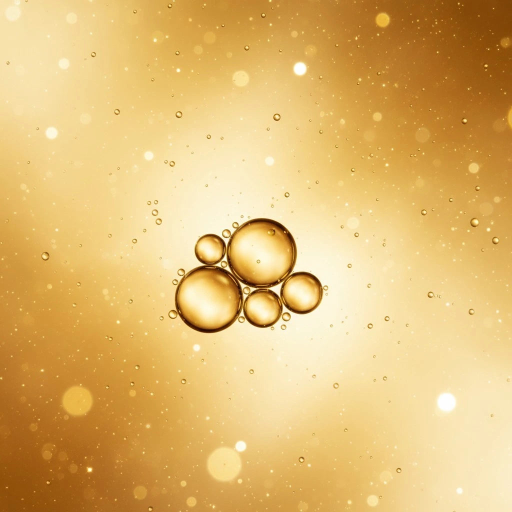 Close‑up of Celestial Crown Oil’s golden serum texture showing smooth, nutrient‑rich viscosity for strengthening and revitalizing hair.
