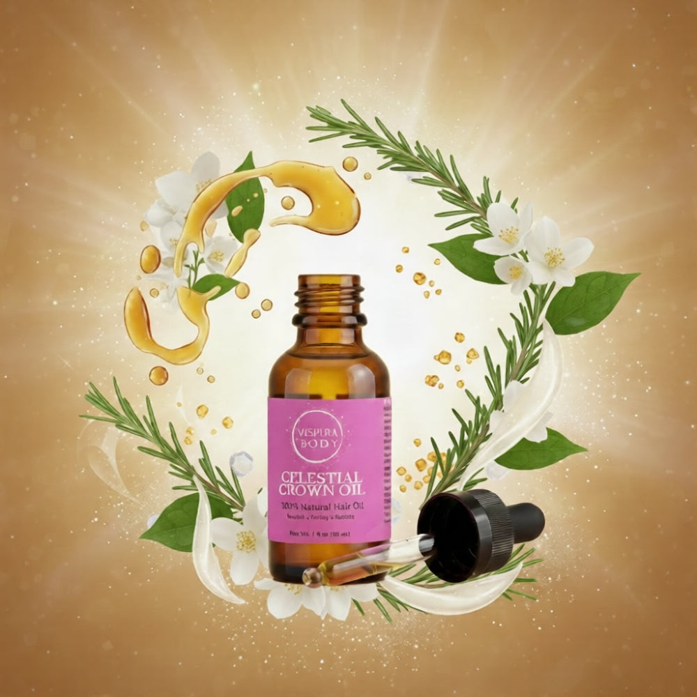 Celestial Crown Oil displayed with abstract botanical cues representing castor, jasmine, rosemary, and vitamins A, C, E, and niacinamide in a soft celestial flat lay.