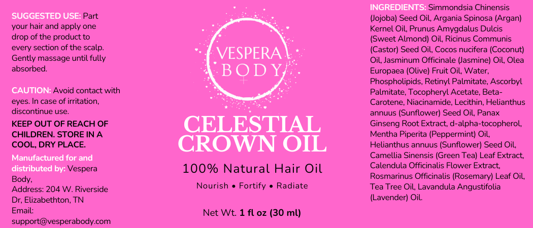 Close‑up of the Celestial Crown Oil label with sharp readable details and warm honey‑gold lighting for a premium, natural hair‑care look.