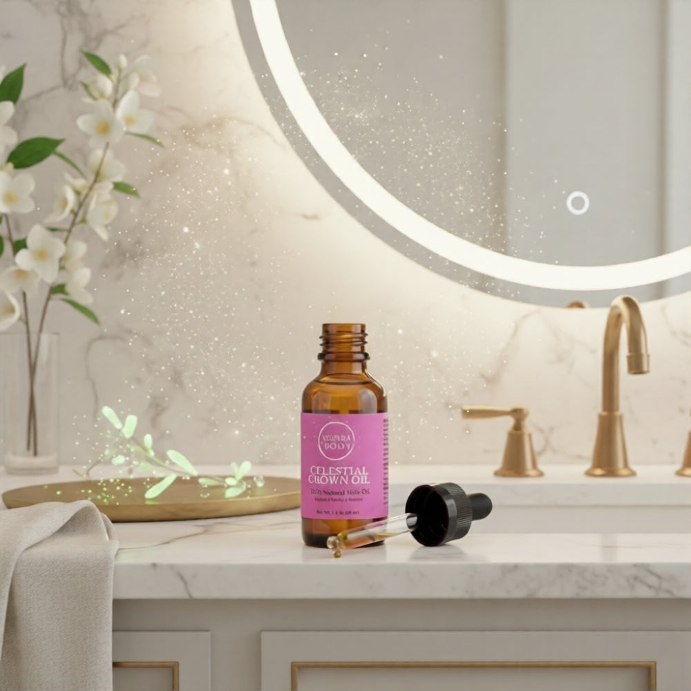 Celestial Crown Oil hair‑growth serum on a luxury bathroom vanity with warm gold lighting and an elegant, premium hair‑care aesthetic.