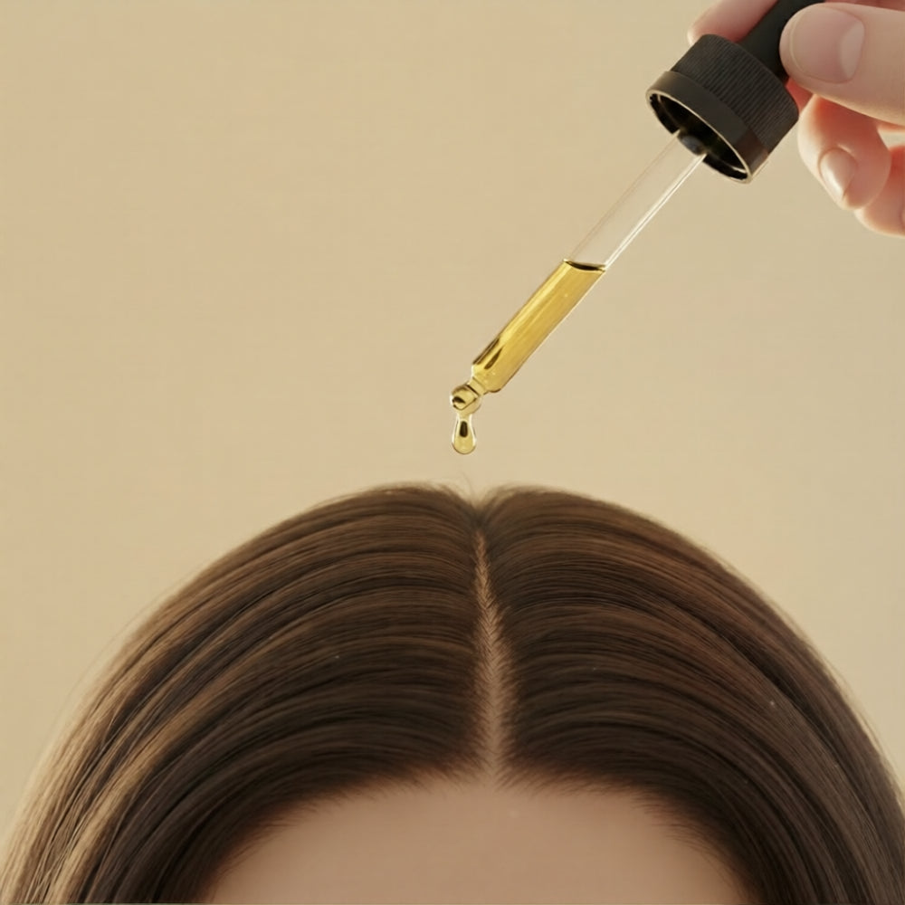 Dropper applying Celestial Crown Oil directly to the scalp, showing golden serum texture for hair growth, hydration, and follicle support.