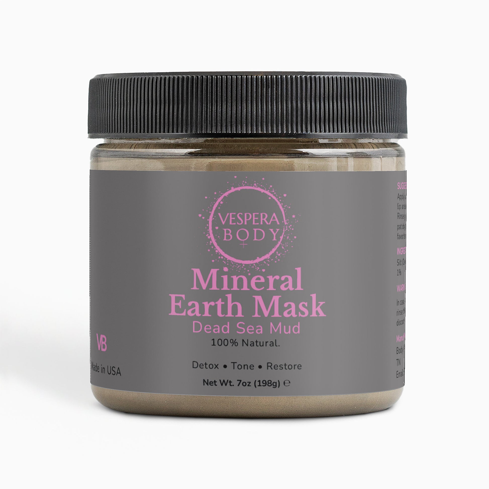 Vespera Body Earth Purify Dead Sea Mud Mask, a mineral-rich facial treatment for deep pore cleansing, manufactured in the USA