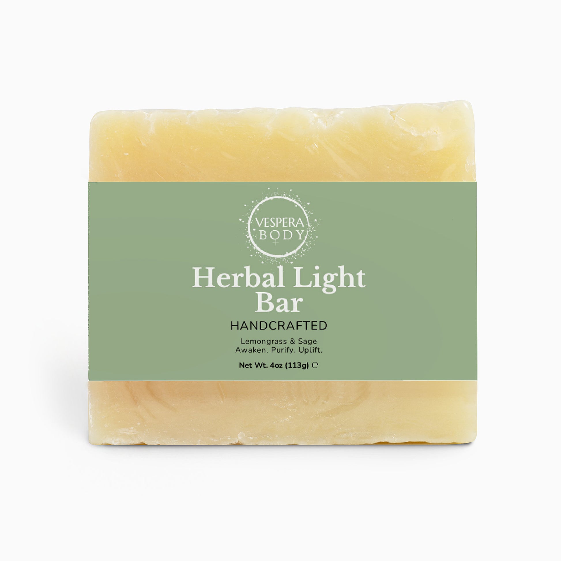 Vespera Body Earth Cleanse Bar Herbal Light, a handmade lemongrass and sage soap bar for sensitive skin. All-natural skincare proudly made in the USA.