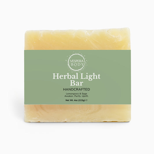 Vespera Body Earth Cleanse Bar Herbal Light, a handmade lemongrass and sage soap bar for sensitive skin. All-natural skincare proudly made in the USA.