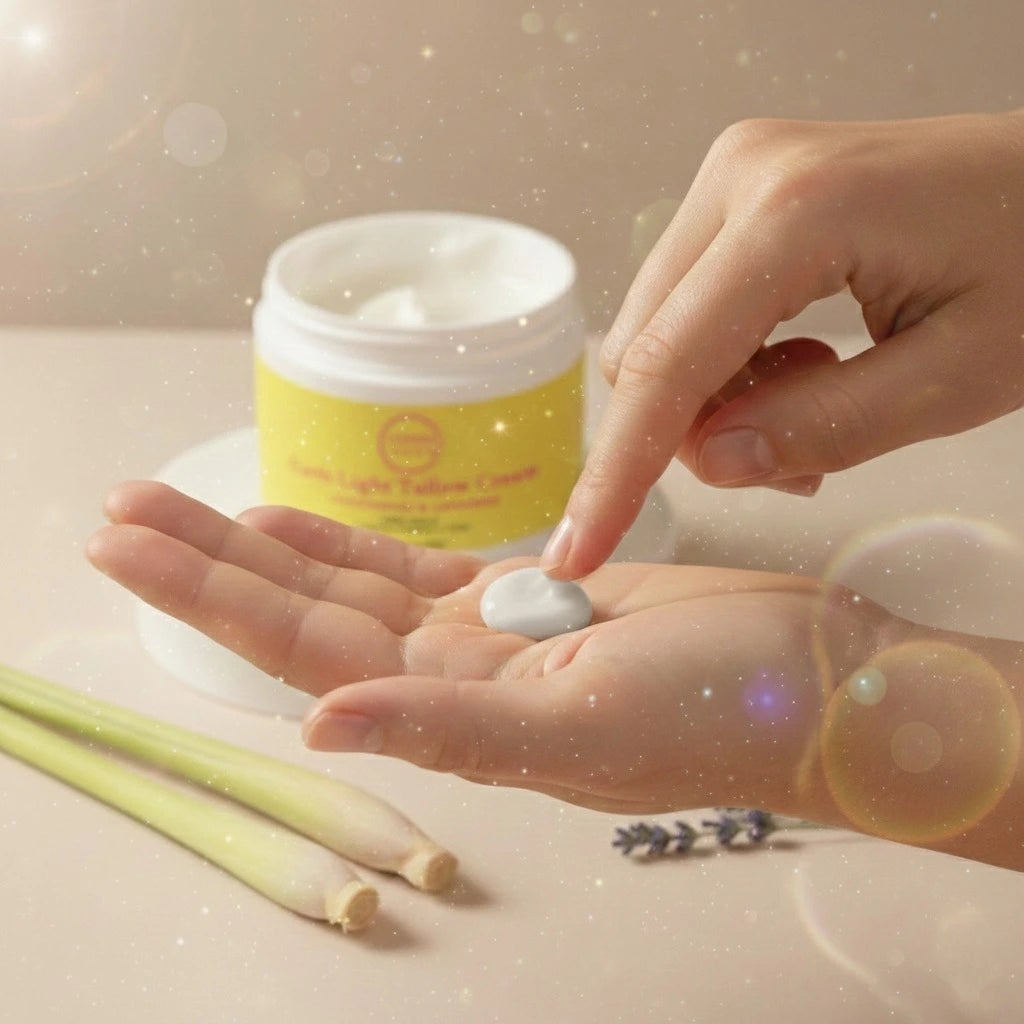 Woman warming a small amount of Earth Light Tallow Cream between her fingertips, showing the soft white tallow texture and its soothing lemongrass and lavender skincare benefits.