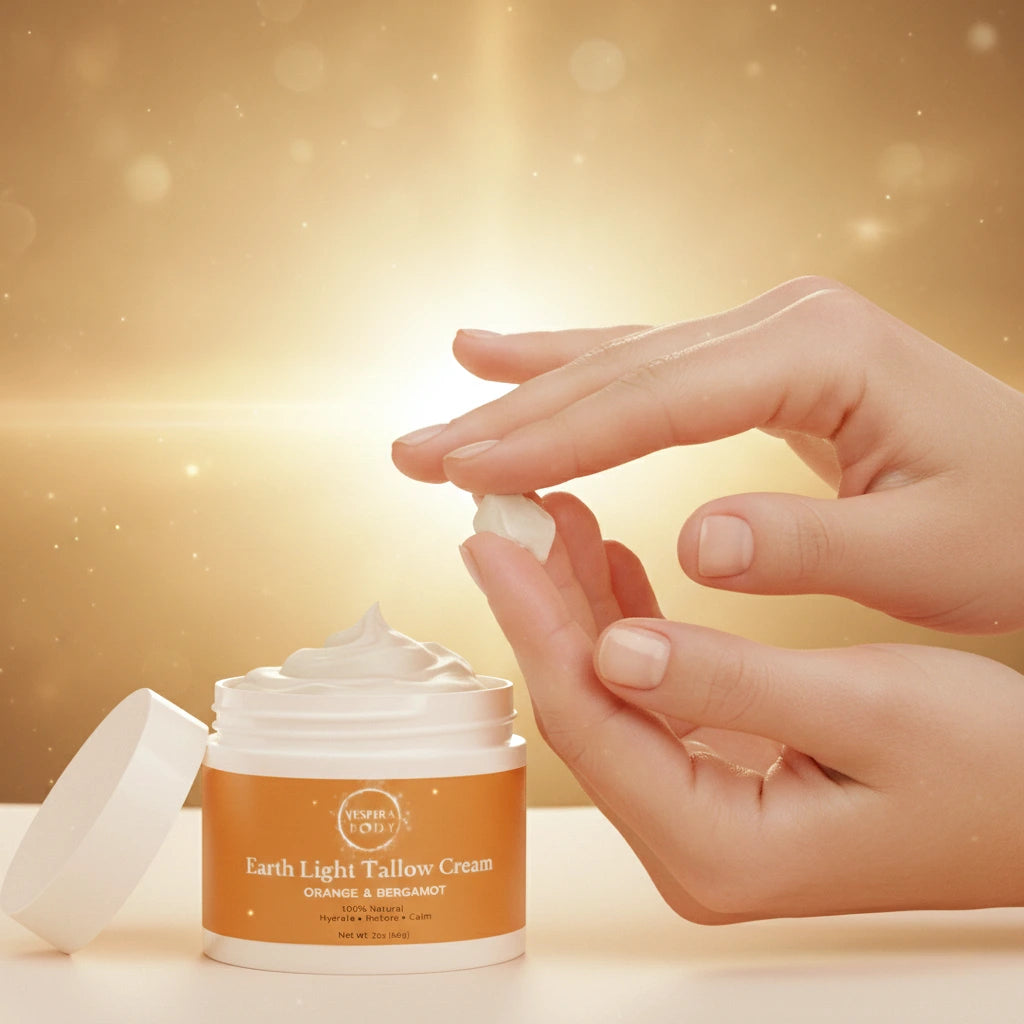 Woman applying organic grass-fed tallow face cream moisturizer to calm hyperpigmentation scars and smooth dry facial patches.