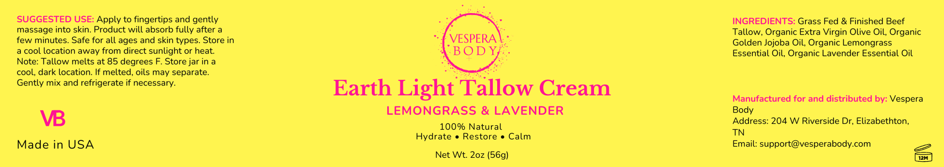 Close‑up of the Earth Light Tallow Cream jar label, clearly showing its grass‑fed tallow formula with lemongrass and lavender for deep, natural hydration.