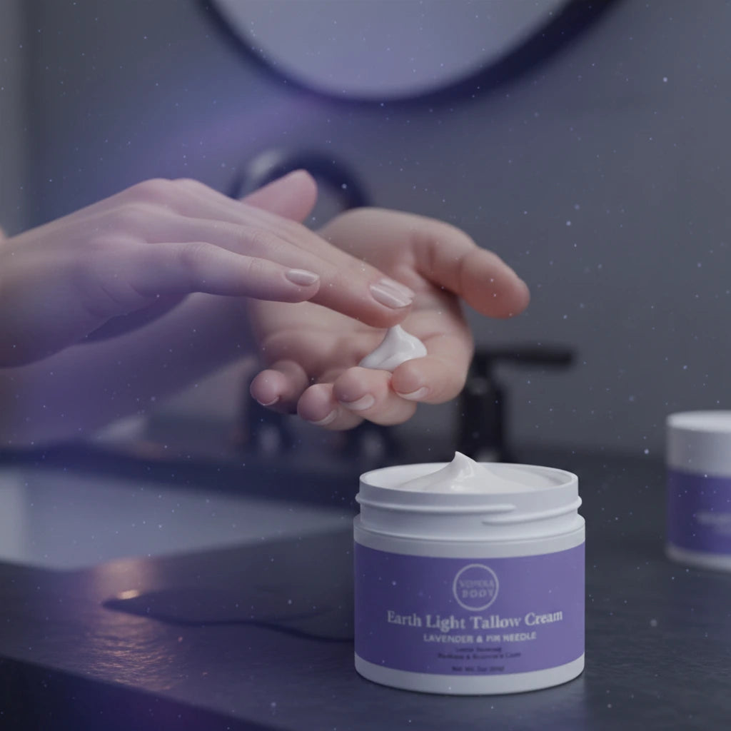 Hands applying Earth Light Tallow Cream Lavender & Fir Needle, showing the soft whipped texture warming on the skin with a cool celestial nighttime glow in the background.
