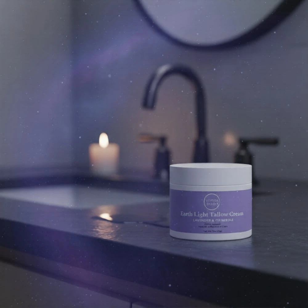 Earth Light Tallow Cream Lavender & Fir Needle on a luxury nighttime bathroom vanity with cool lighting, soft candle reflections, and a celestial indigo atmosphere.