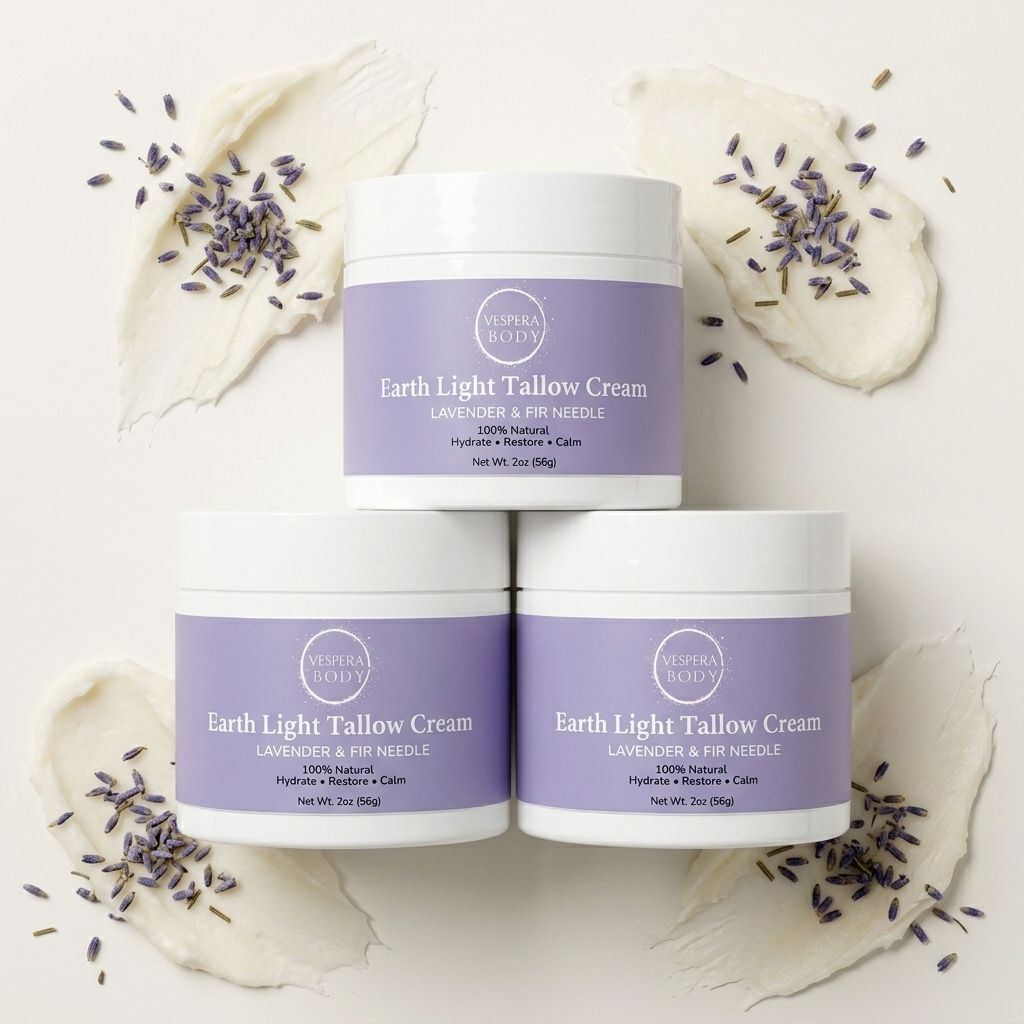 Earth Light Tallow Cream Lavender & Fir Needle bundle in a minimal flat lay with abstract lavender and fir‑inspired tones, emphasizing its natural ingredients.