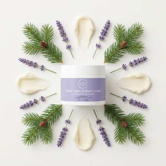 Earth Light Tallow Cream Lavender & Fir Needle in a minimal flat lay with abstract lavender and fir‑inspired tones, emphasizing its natural ingredients.