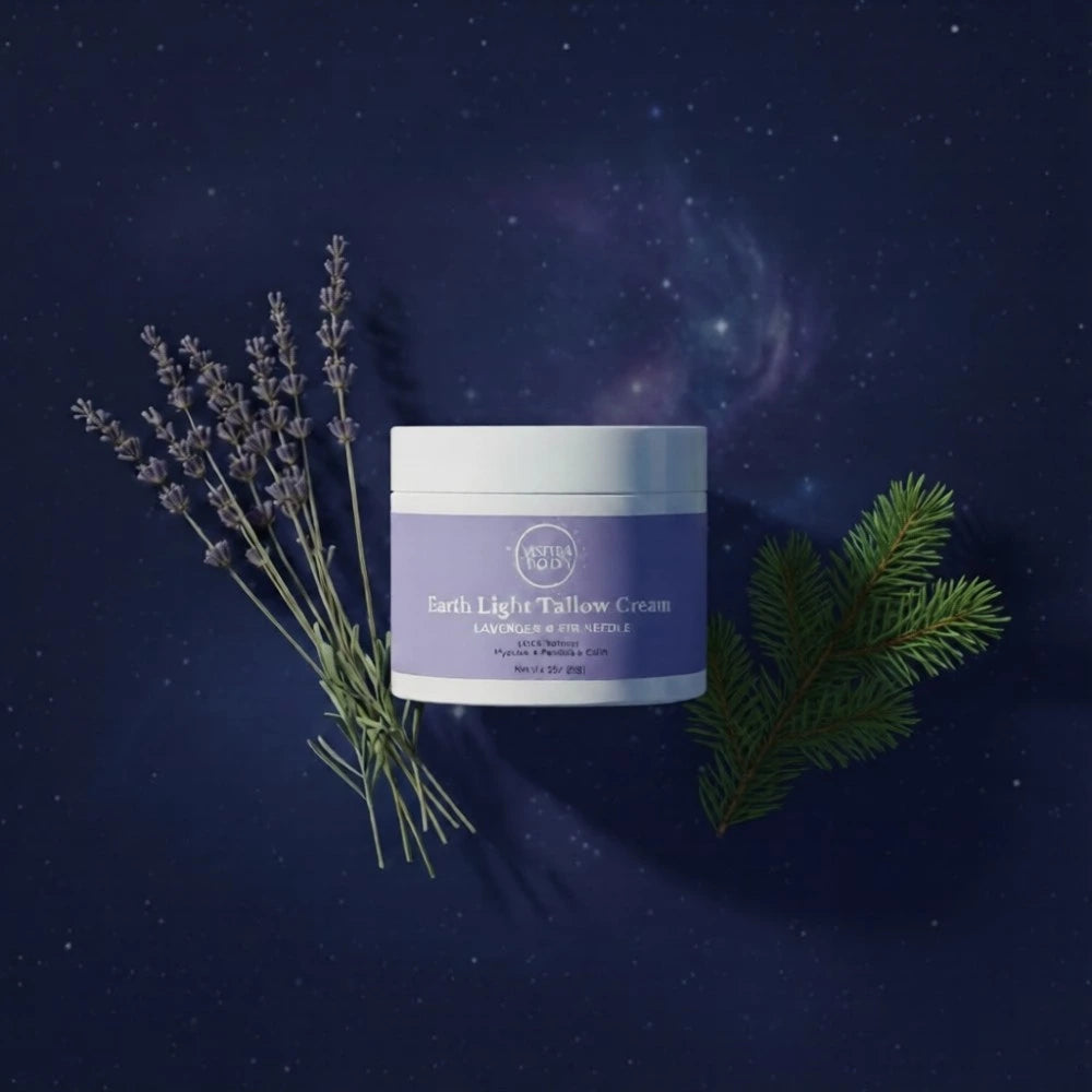 Earth Light Tallow Cream Lavender & Fir Needle in a minimal flat lay with abstract lavender and fir‑inspired tones, cool nighttime lighting, and subtle celestial accents emphasizing its natural ingredients.