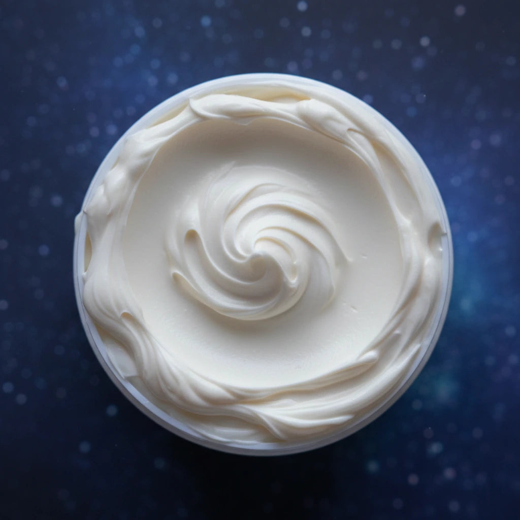 Close‑up of the whipped tallow texture from Earth Light Tallow Cream Lavender & Fir Needle, smooth and creamy with gentle highlights in a calming nighttime setting.
