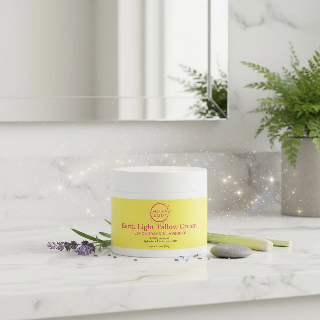 Earth Light Tallow Cream placed on a minimal vanity surface in warm neutral lighting, emphasizing its natural grass‑fed tallow moisturizer with lemongrass and lavender.