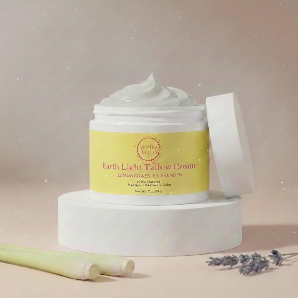 Open jar of Earth Light Tallow Cream with visible soft white whipped tallow texture, presented clearly with no glow, highlighting its natural moisturizing formula.