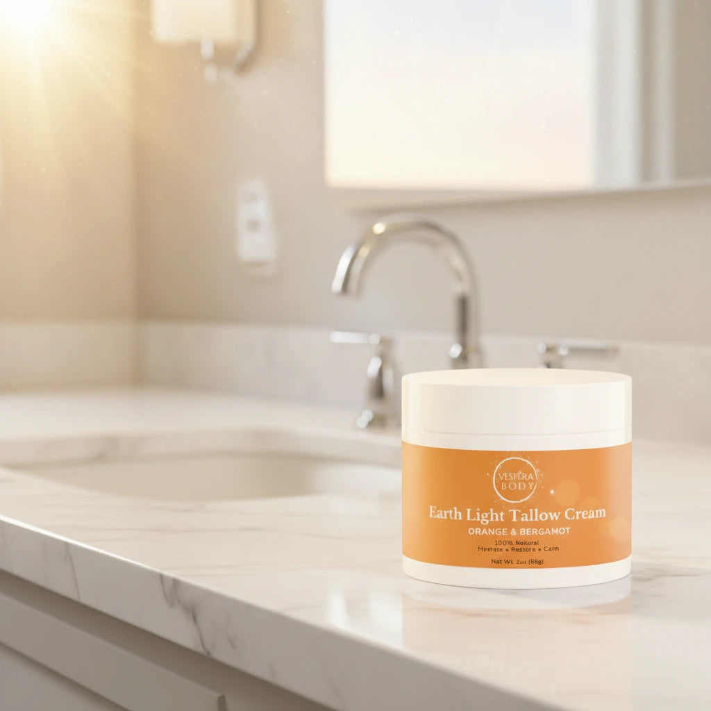 Earth Light Tallow Cream Orange & Bergamot placed on a luxury bathroom vanity with warm morning light and subtle celestial ambiance, showcasing a premium natural moisturizer.