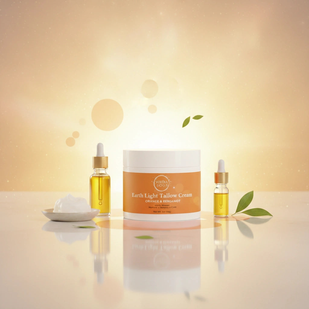 Earth Light Tallow Cream Orange & Bergamot variant in a clean flat lay with visual representations of tallow, olive oil, jojoba oil, and warm celestial tones emphasizing its natural ingredients.