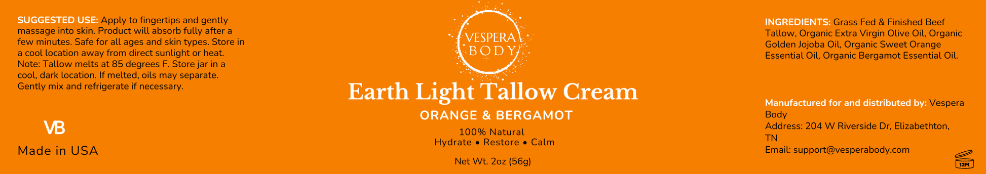 Close‑up of the Earth Light Tallow Cream Orange & Bergamot label, showing the premium minimalist design and product details with warm natural lighting and a soft celestial backdrop.