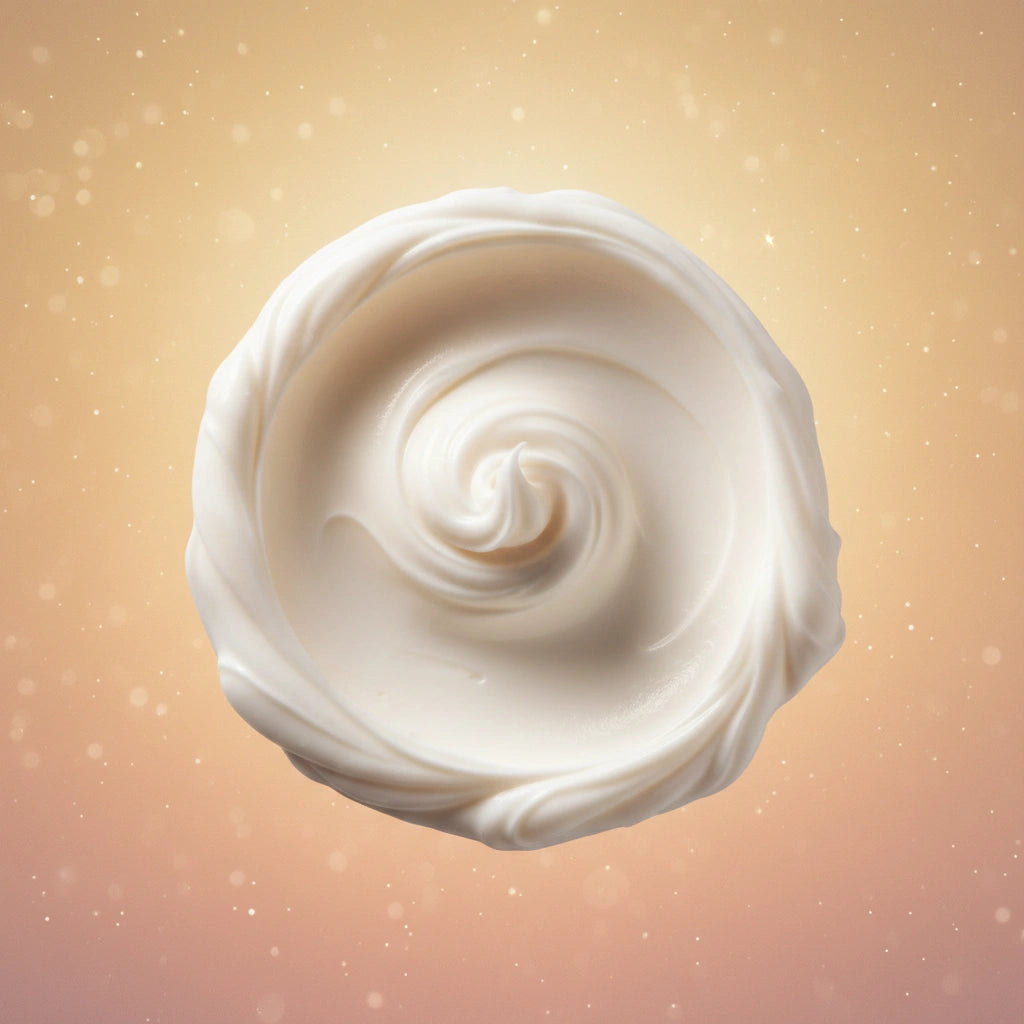 Close‑up of the whipped tallow texture from Earth Light Tallow Cream, smooth and creamy with soft natural highlights in a minimal celestial setting.