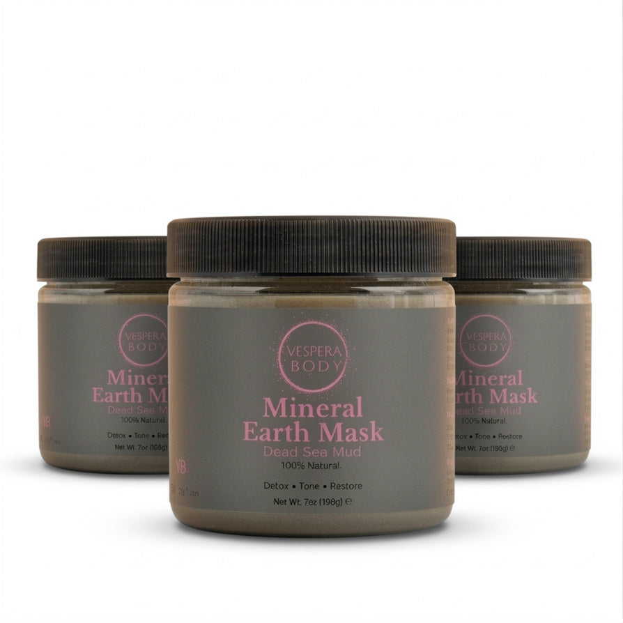 Three jars of Vespera Body Earth Purify Dead Sea Mud Mask. Premium triple-pack mineral facial detox treatment.