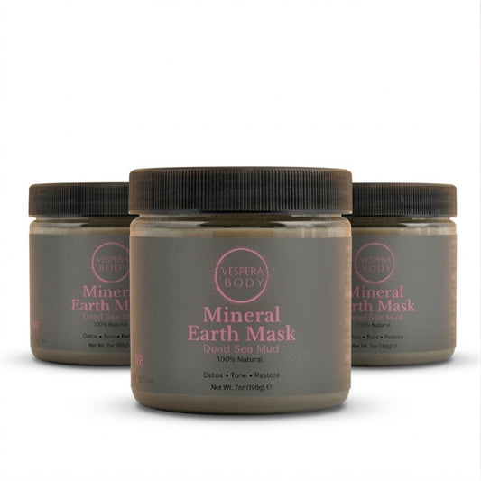 Three jars of Vespera Body Earth Purify Dead Sea Mud Mask. Premium triple-pack mineral facial detox treatment.