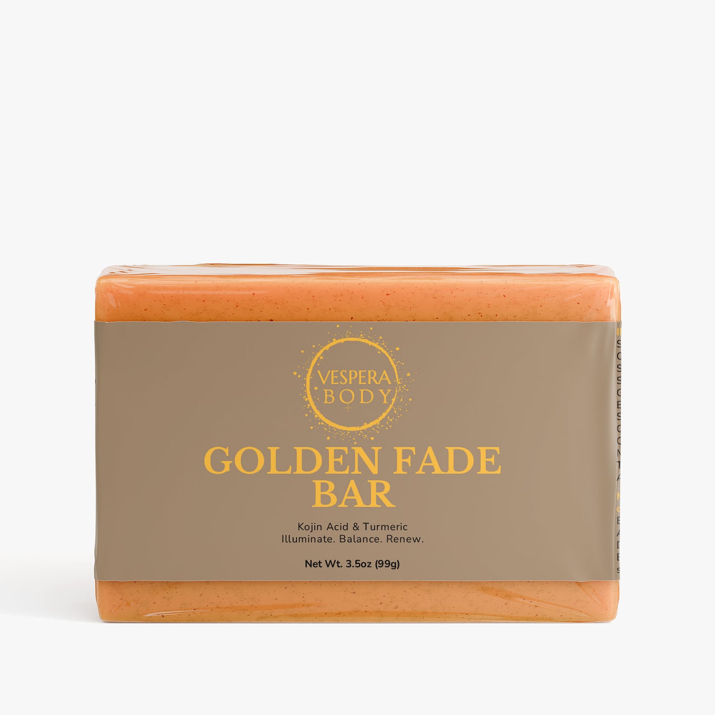 Vespera Body Golden Fade Bar. All-natural turmeric and kojic acid soap for dark spots and skin brightening.