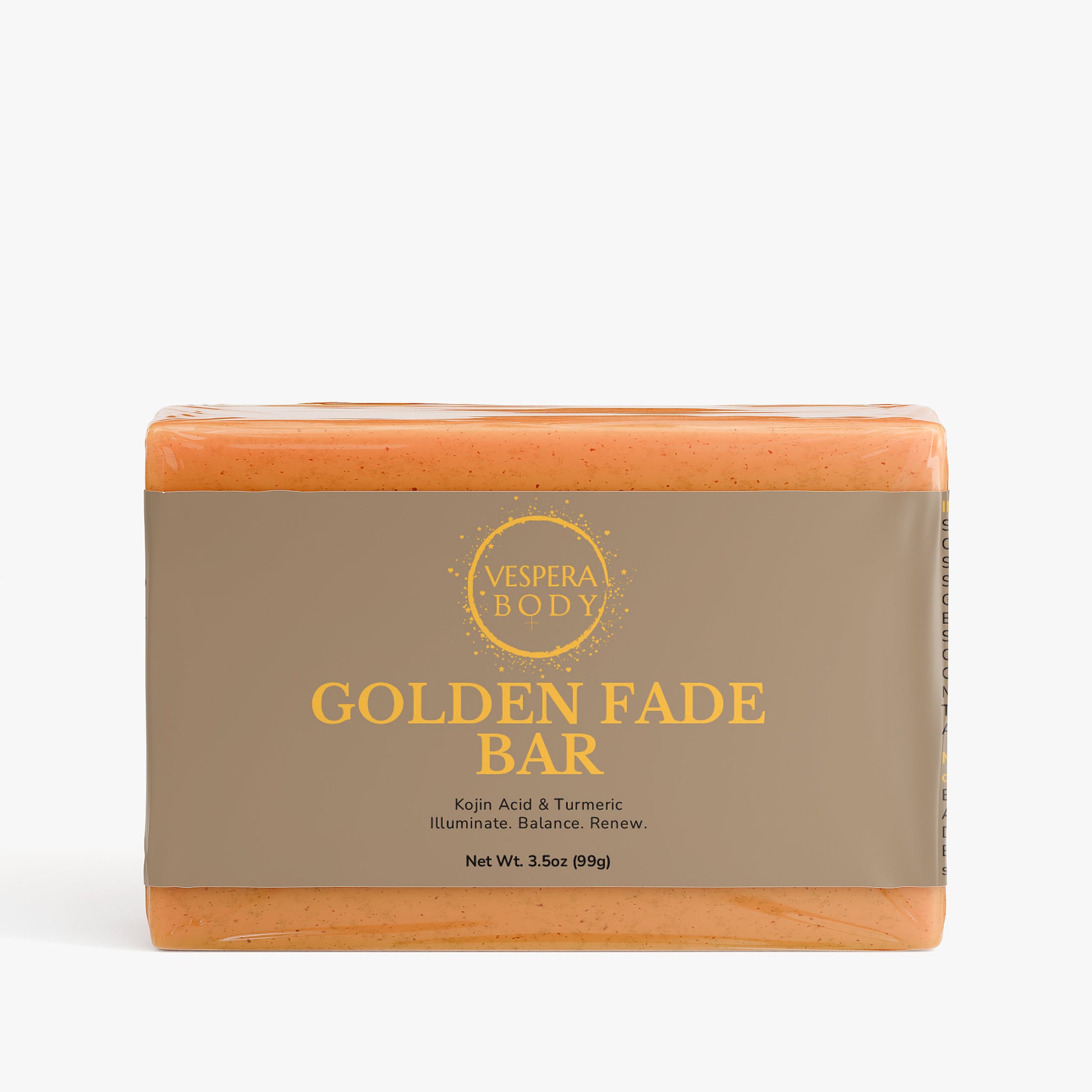 Vespera Body Golden Fade Bar. All-natural turmeric and kojic acid soap for dark spots and skin brightening.