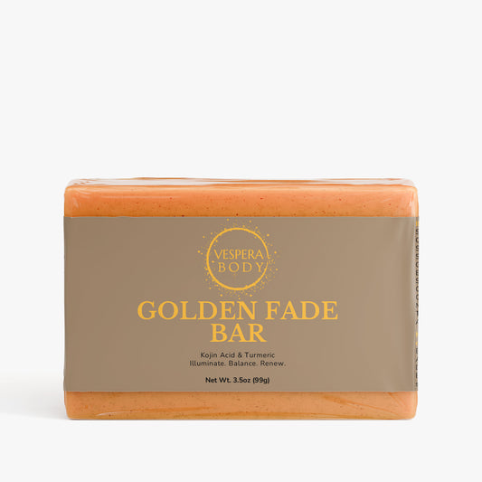 Vespera Body Golden Fade Bar. All-natural turmeric and kojic acid soap for dark spots and skin brightening.
