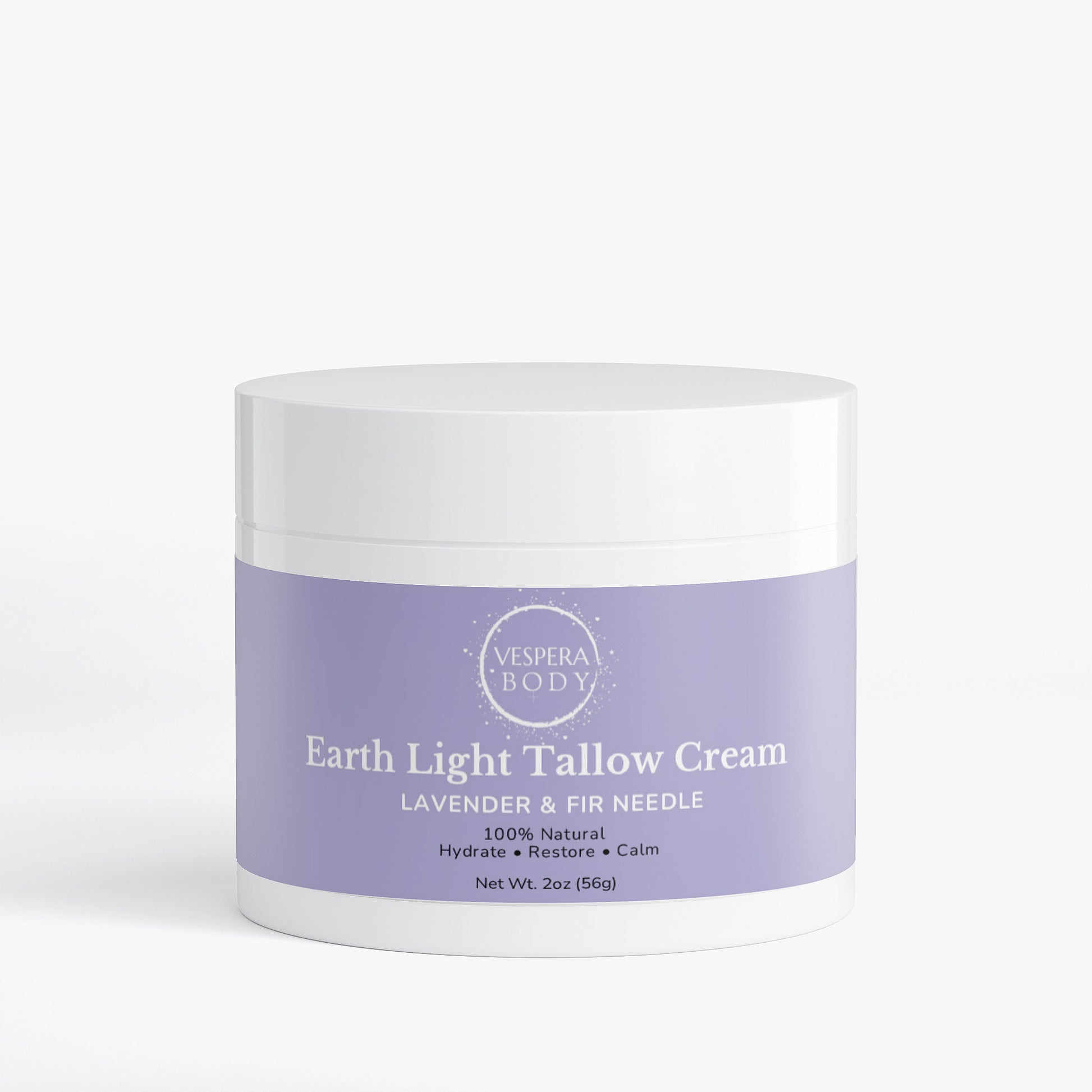 Vespera Body Earth Light Tallow Cream in Lavender & Fir Needle. A grass-fed beef tallow balm for deep hydration and skin repair, handcrafted in the USA.