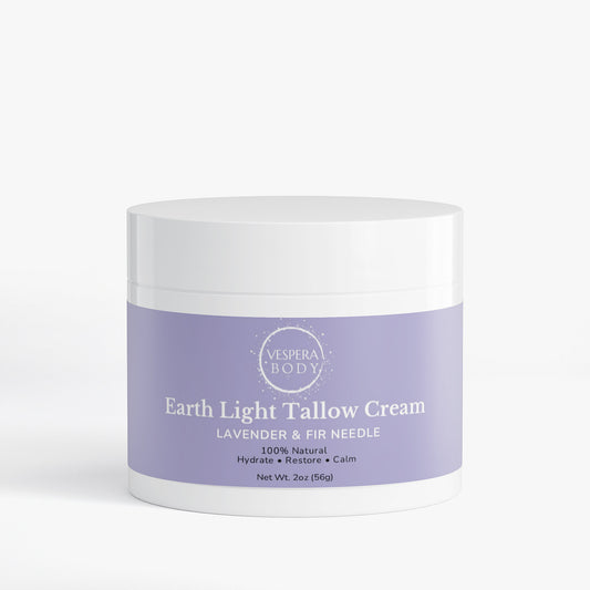 Vespera Body Earth Light Tallow Cream in Lavender & Fir Needle. A grass-fed beef tallow balm for deep hydration and skin repair, handcrafted in the USA.