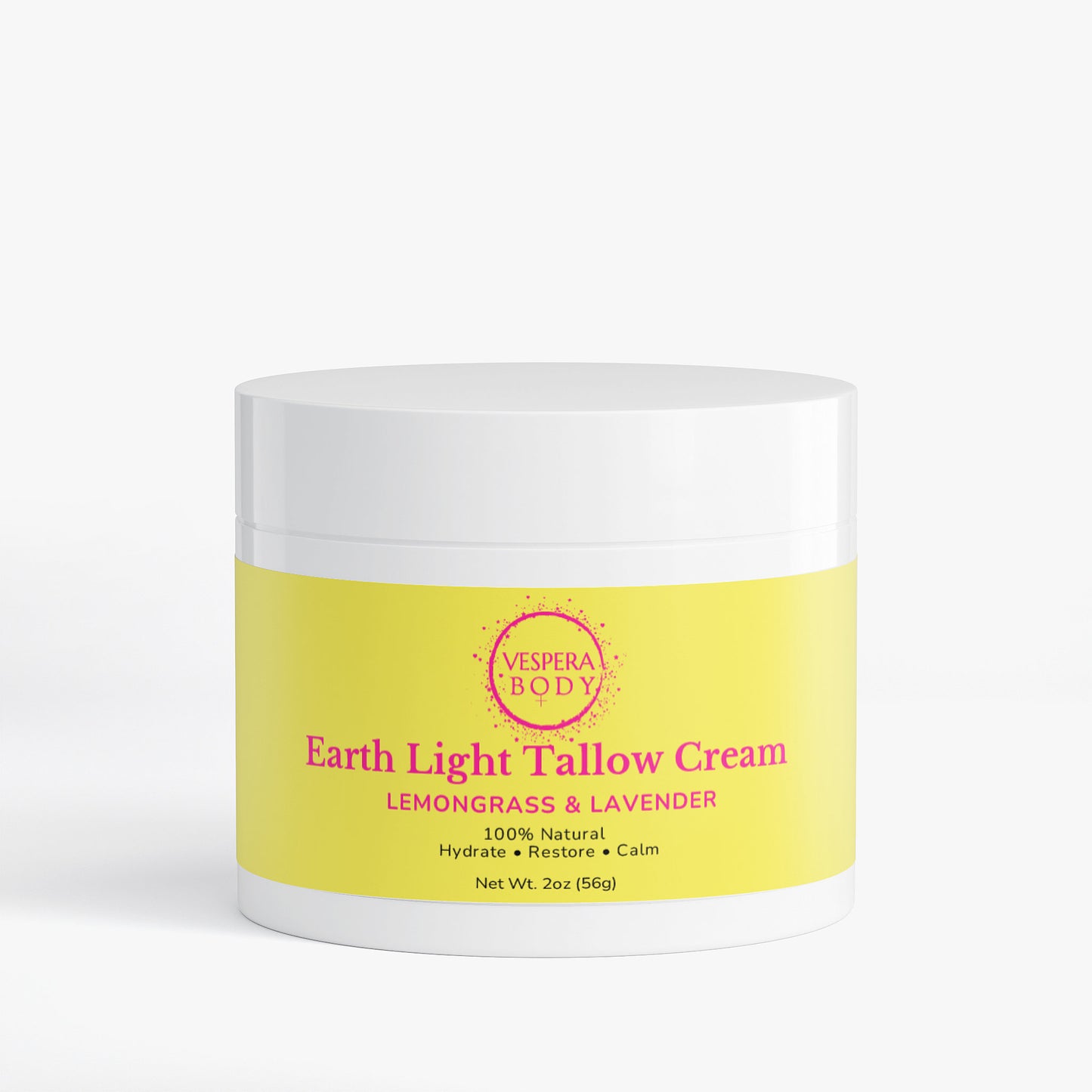 Vespera Body Earth Light Tallow Cream in Lemongrass & Lavender. A brightening, grass-fed beef tallow moisturizer for clear, toned skin, made in the USA.