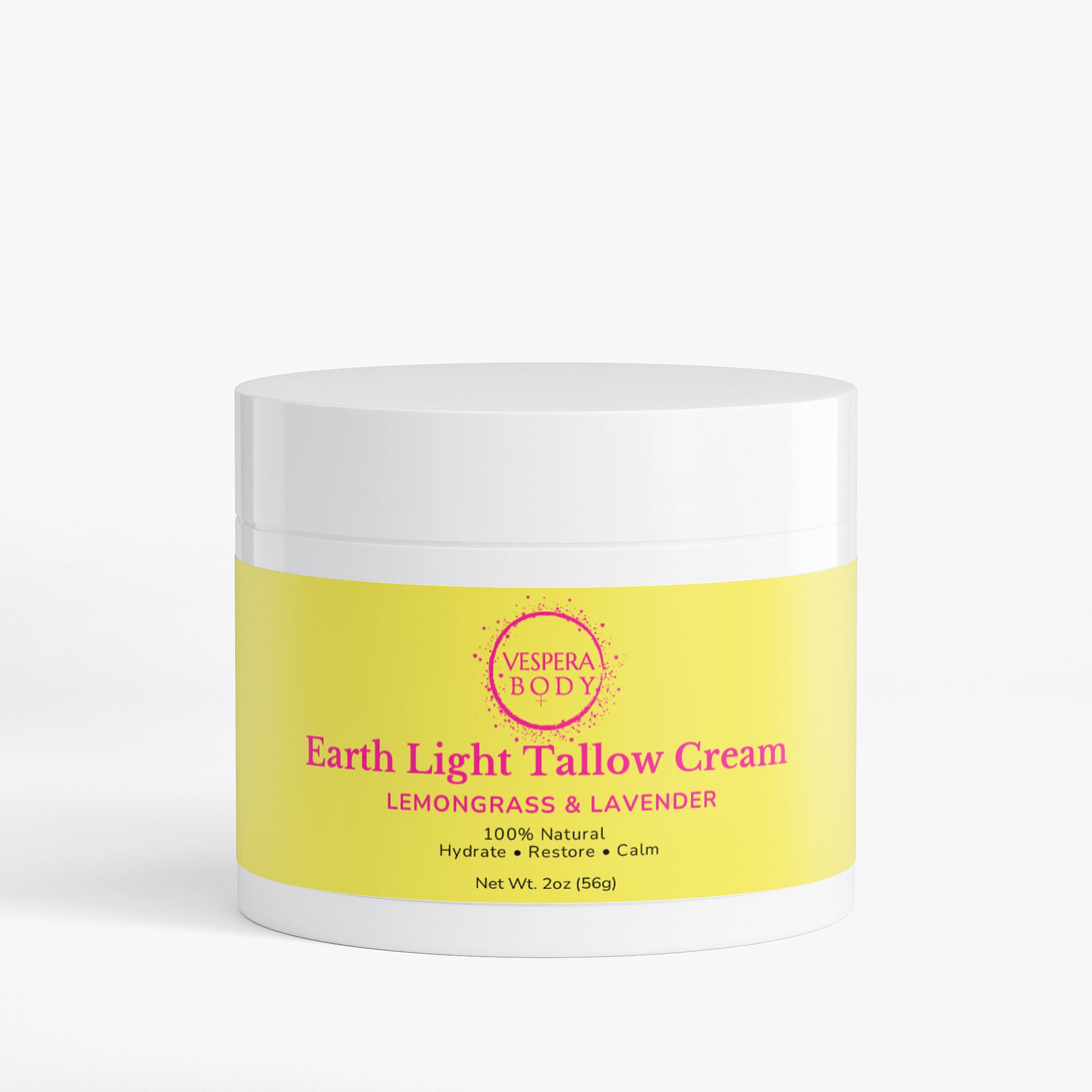 Vespera Body Earth Light Tallow Cream in Lemongrass & Lavender. A brightening, grass-fed beef tallow moisturizer for clear, toned skin, made in the USA.