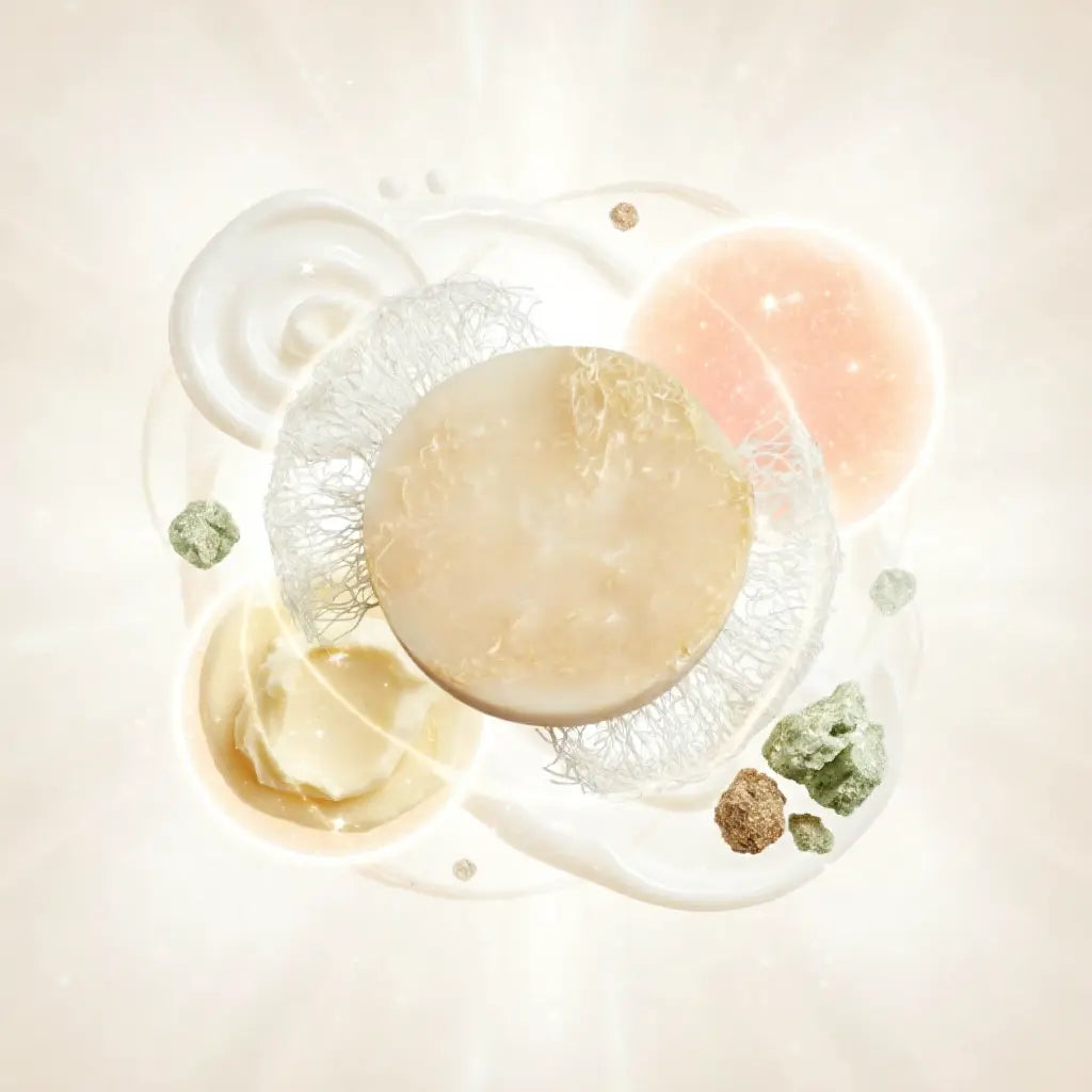 Luffa Light Bar displayed with abstract botanical cues representing luffa, coconut oil, shea butter, mango butter, hemp extract, tea tree, and grapefruit.