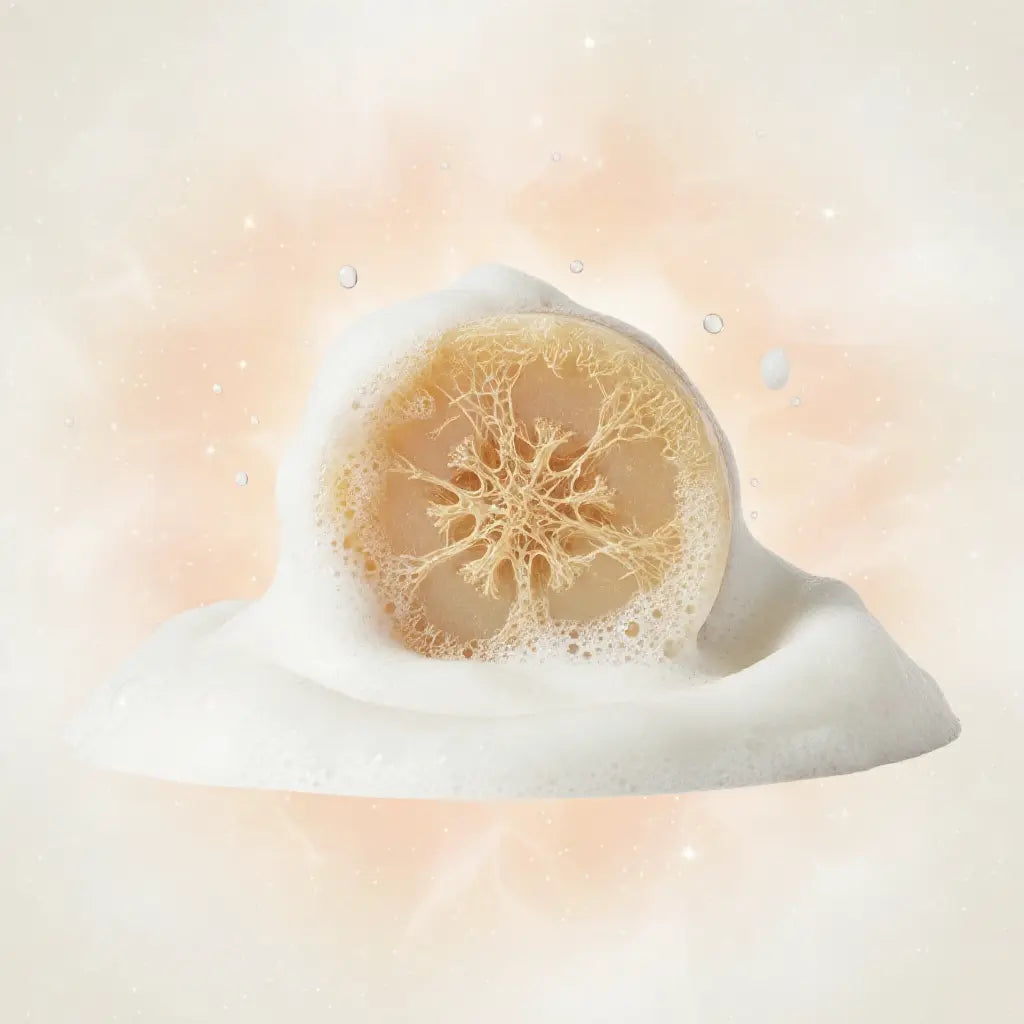 Luffa Light Bar activated with thick creamy lather, showing exfoliating luffa fibers and nourishing botanical oils for a refreshing cleanse.