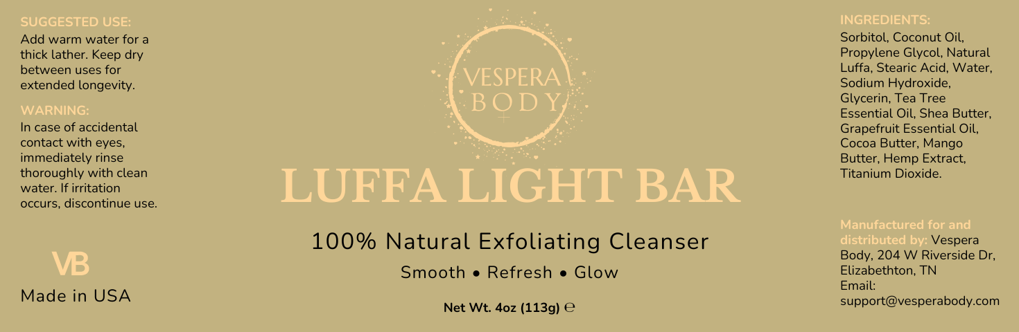 Close‑up of the Luffa Light Bar label with sharp readable details and bright cream lighting for a clean, premium skincare look.