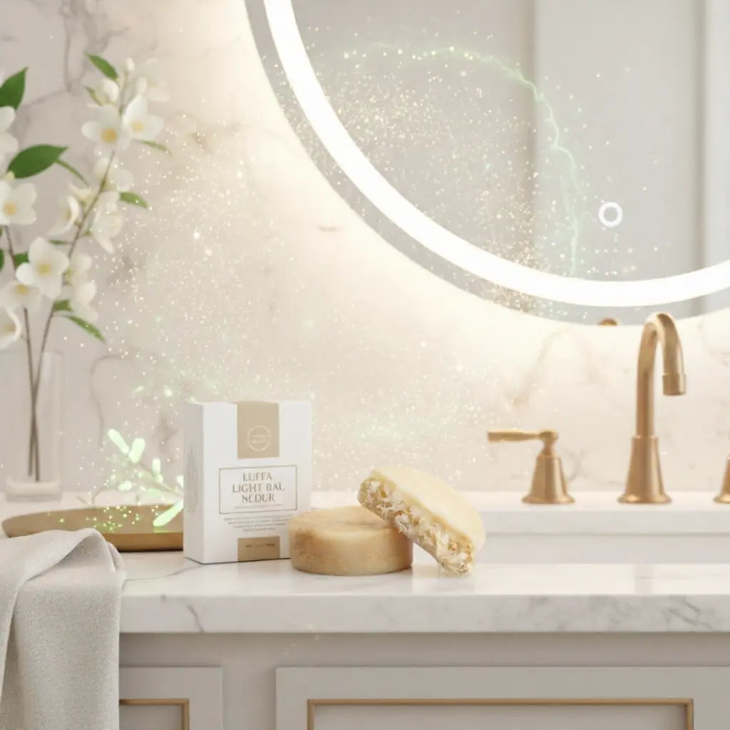 Luffa Light Bar exfoliating cleanser on a luxury bathroom vanity with bright diffused lighting and a clean, refreshing skincare aesthetic.