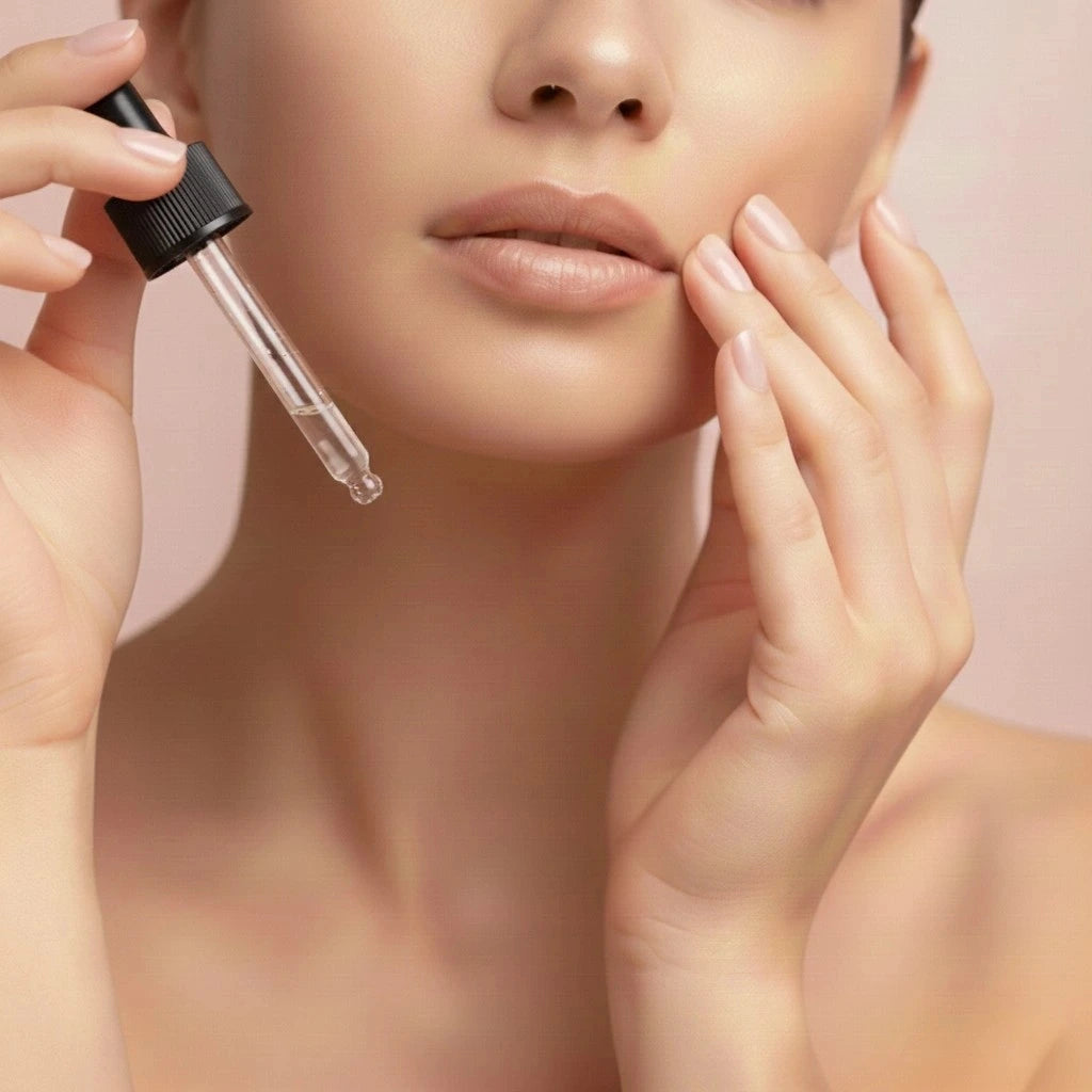 Woman touching her cheek while applying Lumen Star Oil face oil with a suspended golden droplet, highlighting its calming botanicals and hydrating jojoba blend.