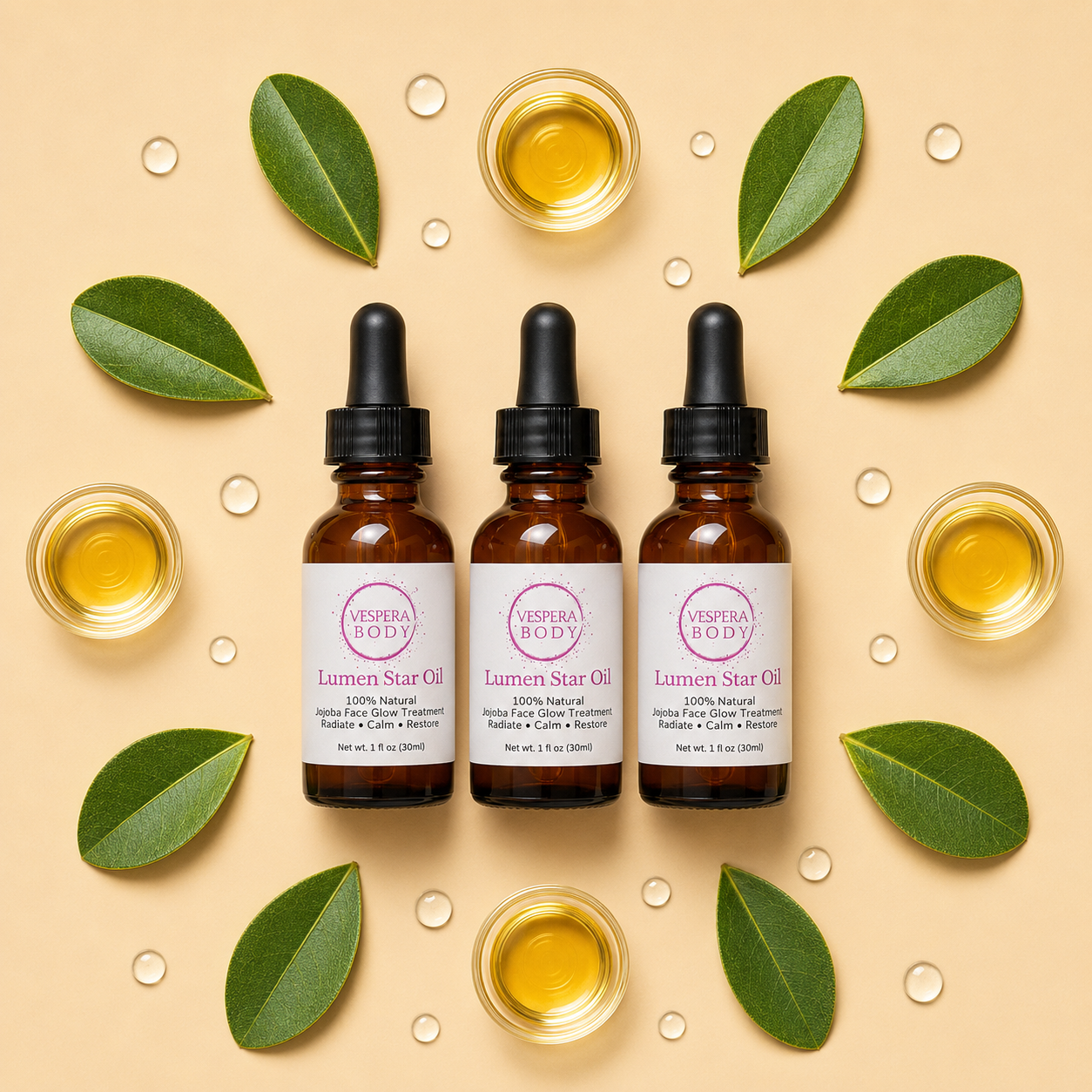 Lumen Star Oil face oil displayed with jojoba seeds, magnolia bark, prickly pear extract, and frankincense to highlight its natural calming and hydrating ingredients.