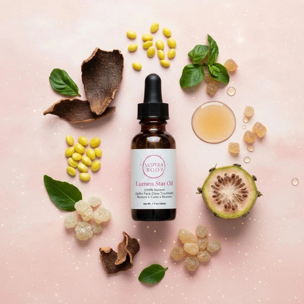 Lumen Star Oil face oil displayed with jojoba seeds, magnolia bark, prickly pear extract, and frankincense to highlight its natural calming and hydrating ingredients.