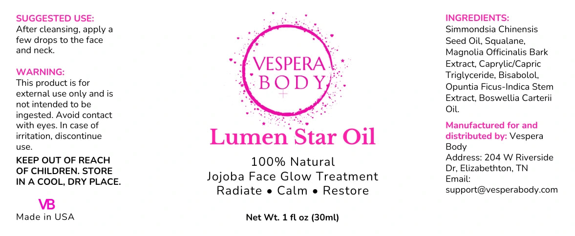 Lumen Star Face Oil packaging featuring the 'Manufactured in USA' badge. Clean beauty, non-toxic skincare handcrafted for all skin types.