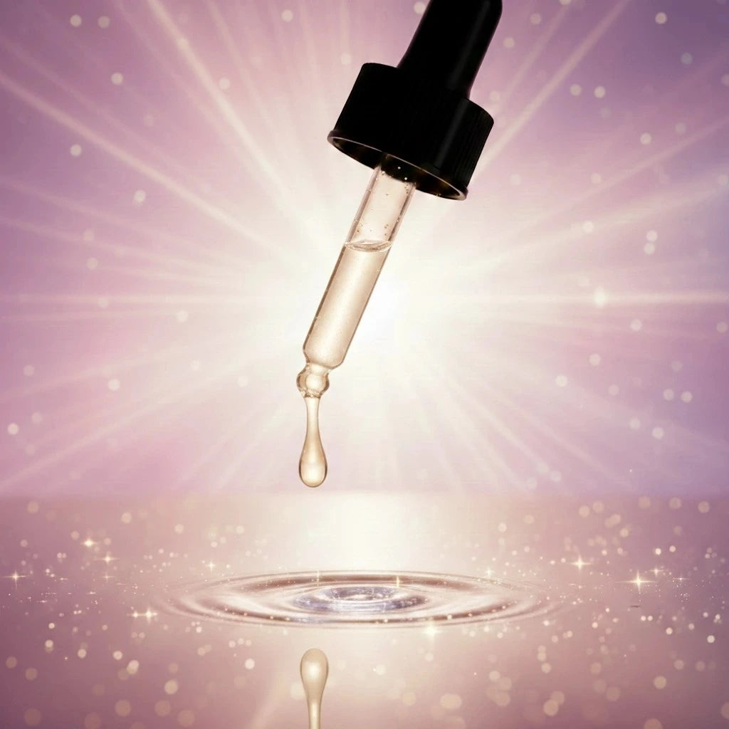 Close‑up of Lumen Star Oil dropper releasing a golden jojoba‑ and squalane‑rich face oil droplet with a soft celestial glow.